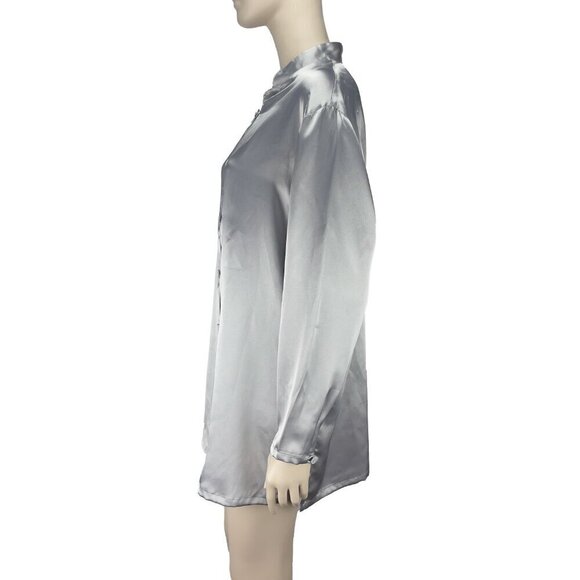 DIANE VON FURSTENBERG Oversized Satin Silver Long‎ Blouse Button-down Shirt sz L - Picture 3 of 8
